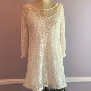 Forever 21 cream ivory lace flowy sheath A line 3/4 sleeve mini dress Size Small